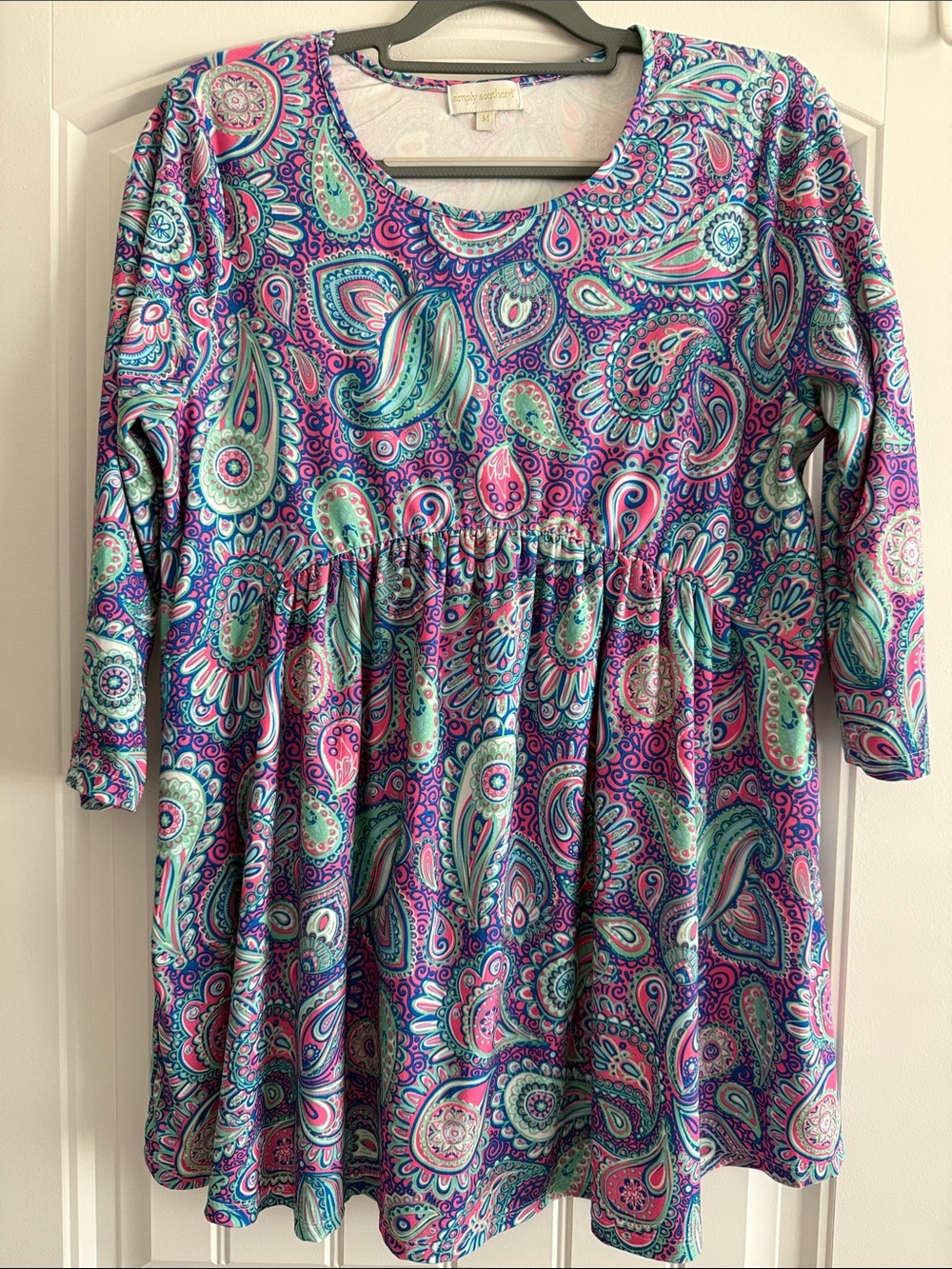 Paisley Print 3/4 Sleeve Top - Pink, Purple and Aqua
